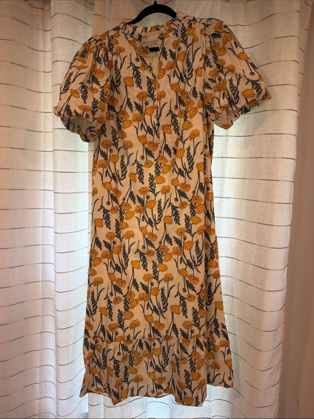Cream Midi Dress with Mustard Floral Print and Puff Sleeves